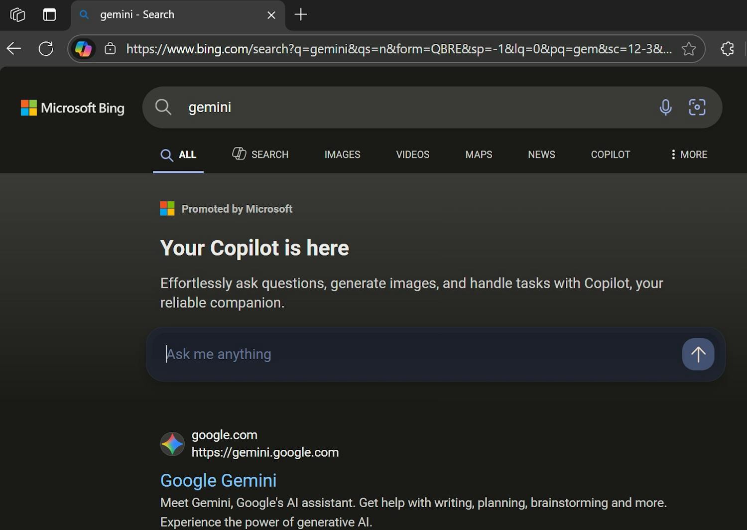 Du kan også opleve de anmasende annoncer, hvis du søger efter Googles kunstige intelligens Gemini. Igen dukker en annonce op i toppen af søgeresultaterne, og formålet er endnu en gang at promovere Microsoft egen Copilot-tjeneste. Du kan også opleve de anmasende annoncer, hvis du søger efter Googles kunstige intelligens Gemini. Igen dukker en annonce op i toppen af søgeresultaterne, og formålet er endnu en gang at promovere Microsoft egen Copilot-tjeneste.